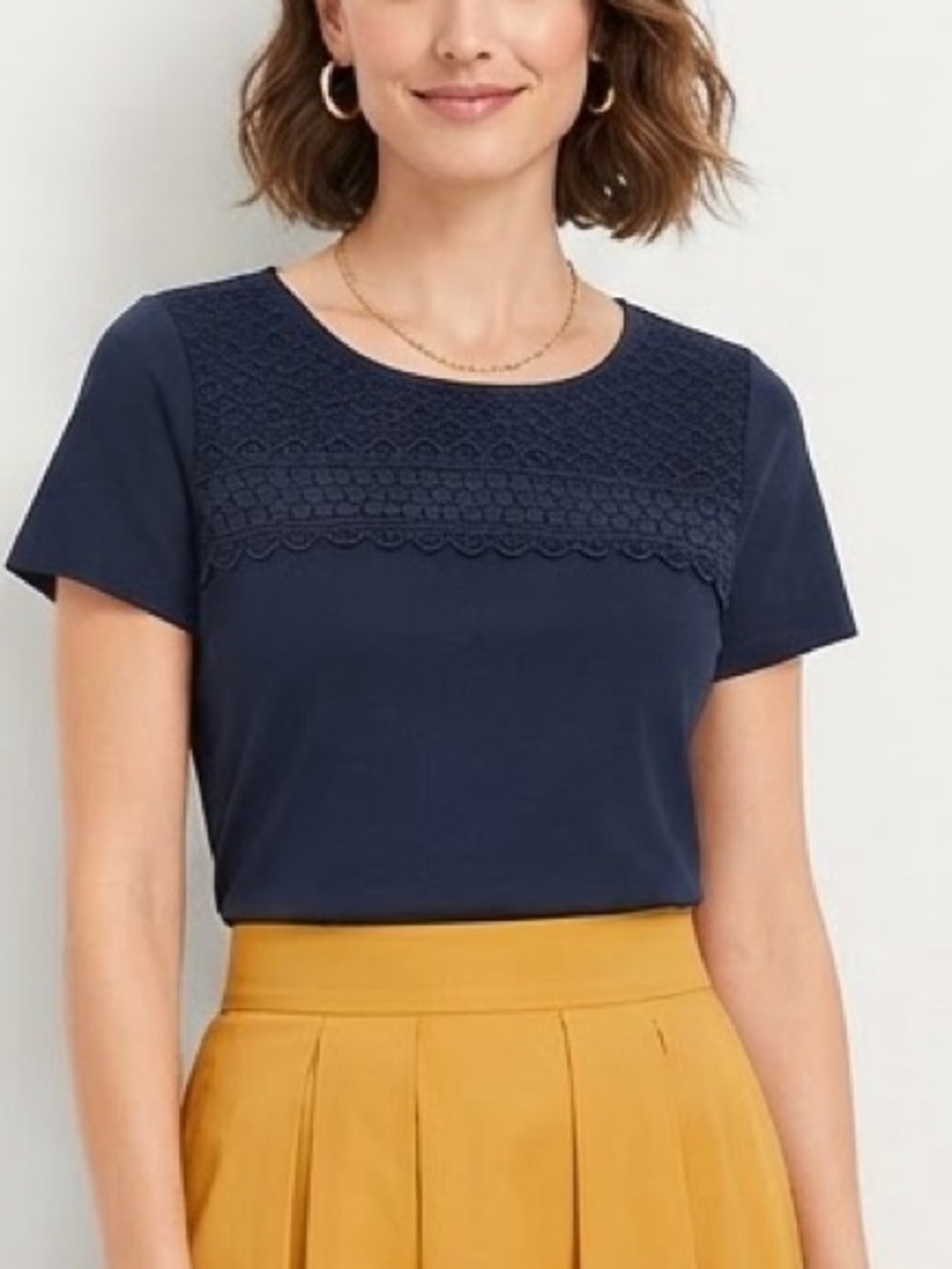 Talbots Lace Yoke Tee Black Short Sleeve Top Size XS